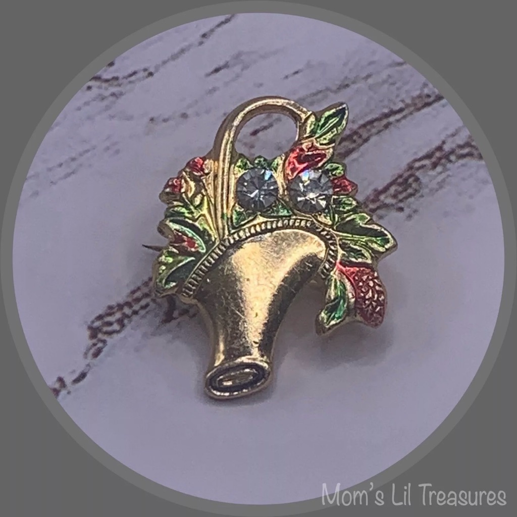 Gold Tone Flower Basket Pendant Pin Enamel Rhinestones Stamped Hong Kong 8$